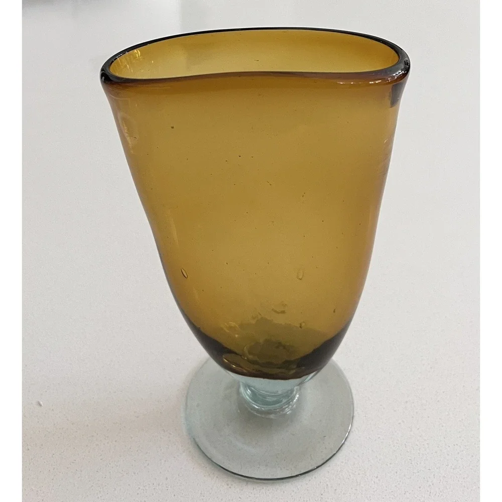 Vtg Hand blown Amber Fan Vase Art Deco Footed Clear Glass Vase